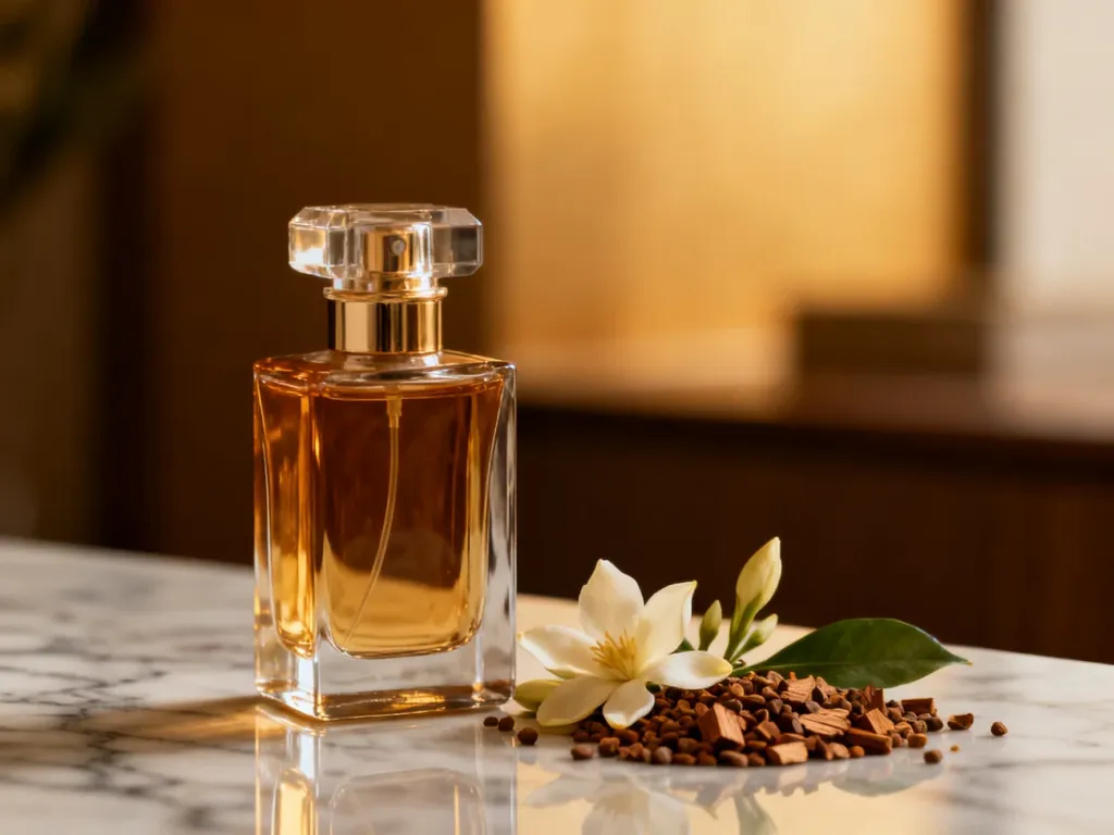 Luksusowy flakon perfum na marmurowym blacie w otoczeniu płatków jaśminu i ziaren piżma, podkreślający elegancję zapachu.
