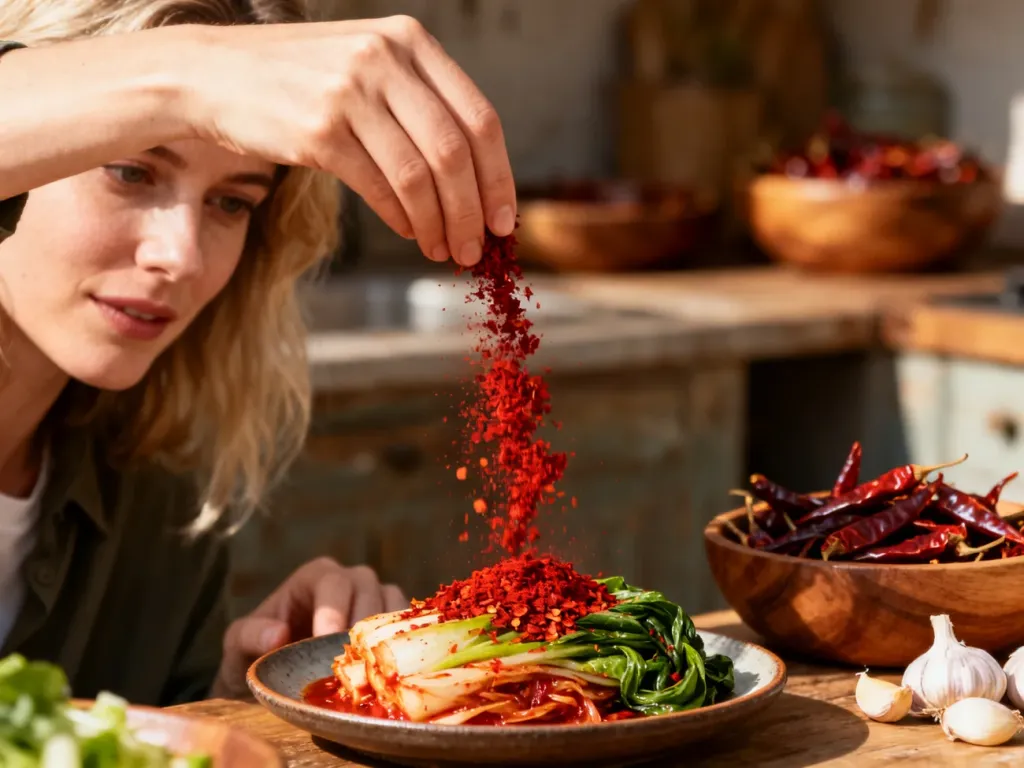 Kobieta posypuje domowe kimchi intensywnie czerwonymi płatkami chili gochugaru w rustykalnej kuchni.