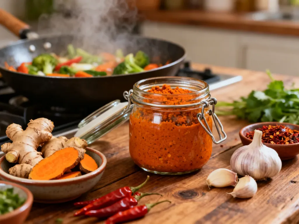 Słoik z domową pastą przyprawową w otoczeniu świeżego imbiru, kurkumy, czosnku i chili na drewnianym stole.