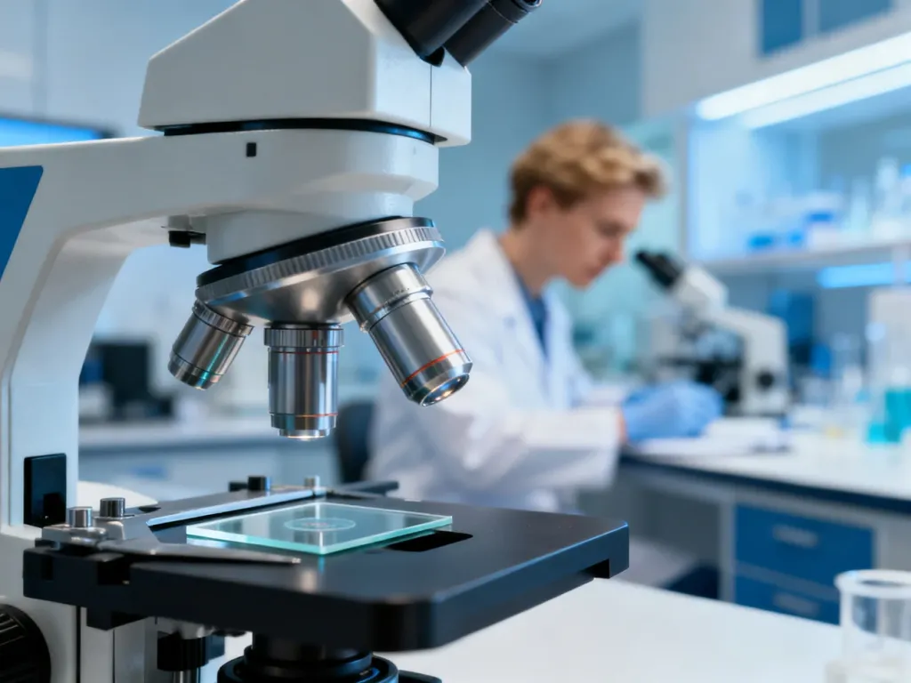 Mikroskop laboratoryjny w profesjonalnym laboratorium medycznym podczas analizy próbki.