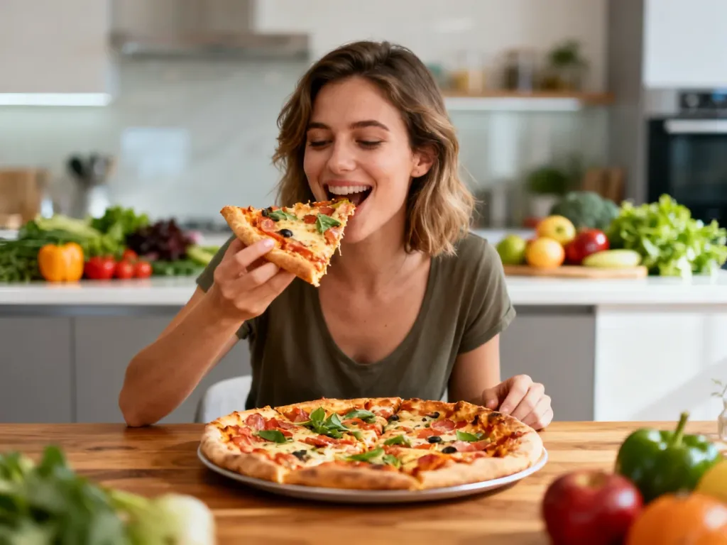 Szczęśliwa kobieta delektująca się kawałkiem pizzy przy stole, co ilustruje ideę cheat day w zbilansowanej diecie.