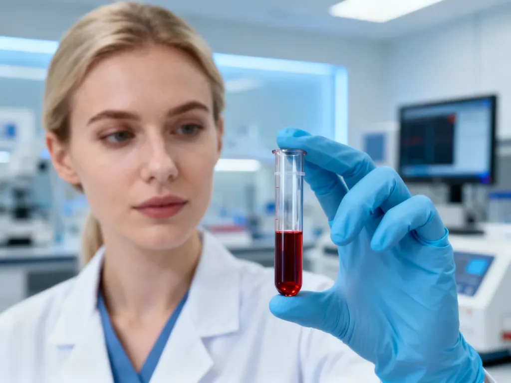 Pracownik laboratorium medycznego wykonuje badanie krzepliwości krwi, trzymając probówkę z osoczem.