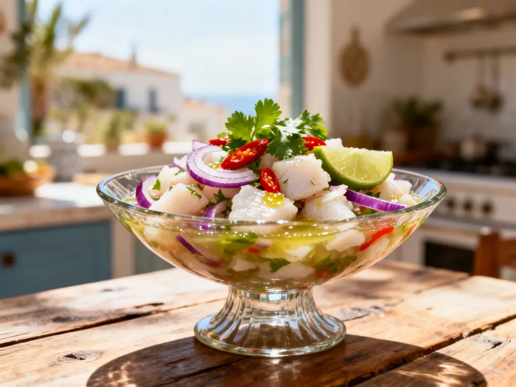 Świeże ceviche z marynowanej ryby z dodatkiem czerwonej cebuli i kolendry, podane w eleganckiej szklanej miseczce.