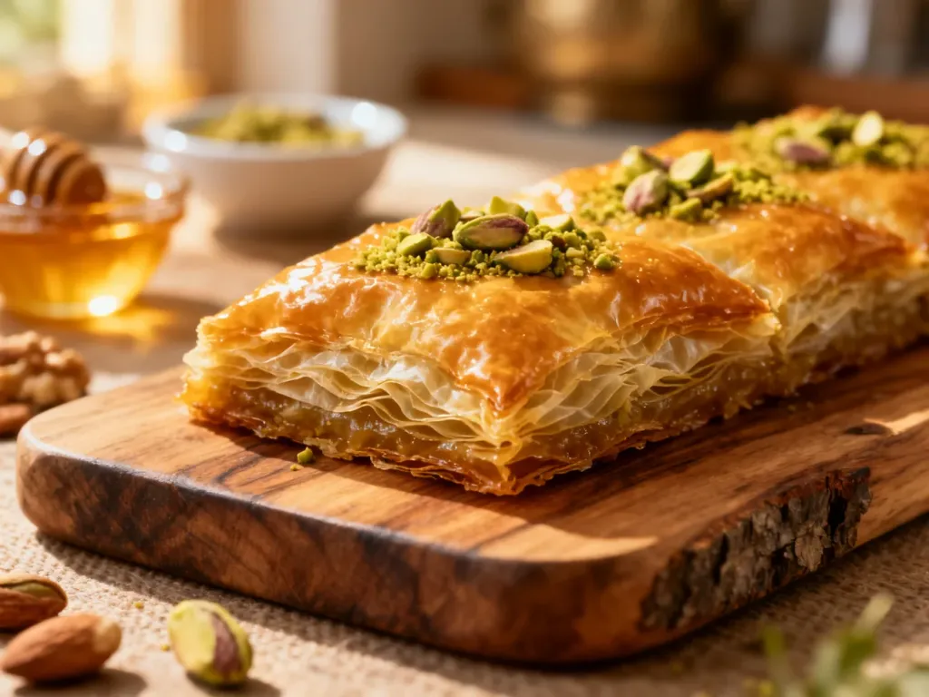 Kawałek tradycyjnej baklawy z warstwami ciasta filo i pistacjami na drewnianej desce w ciepłym, słonecznym świetle.
